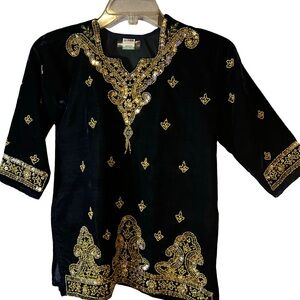 BRAND NEW!!! India Boutique Navy Blue Velvet Kids Top with Gold Embellishment